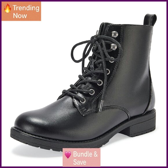 Women's Ankle Booties Lace Up Side Zipper Combat Boots PU Material